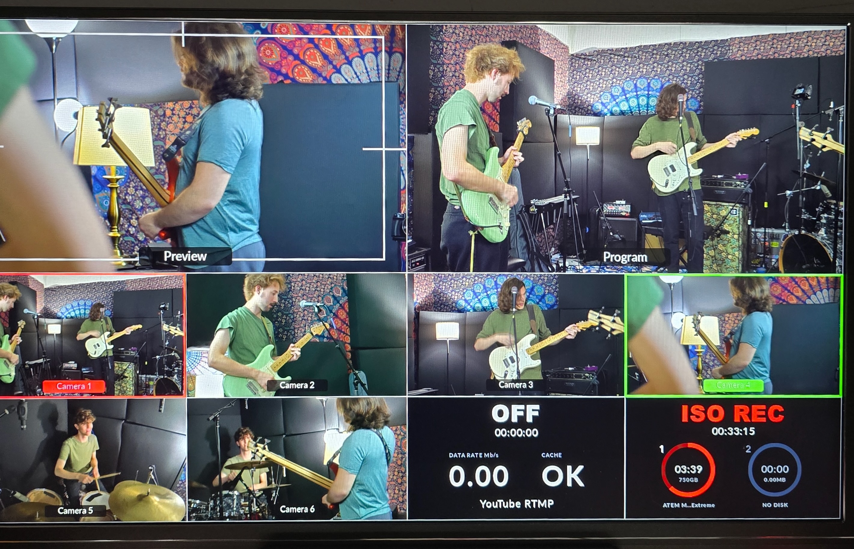 Live multicam production — ATEM multiview showing 6 camera feeds